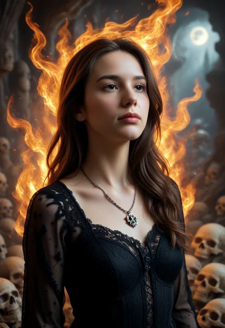 1girl, black dress, no pattern dress, Hd, high quality, ultra realistic, detailed, slimes_skullwm, made of skulls, flaming skull background, light smile, PG, no teeth, portrait, looking afar, stoic, brunette, beautiful, necklace,