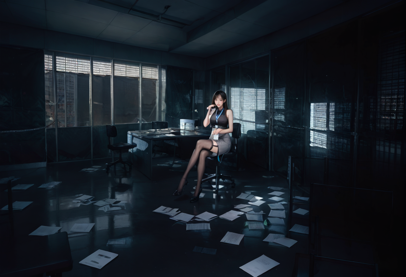 ,ruanyi0943,blinds,indoors,paper,
,ruanyi0897,black thighhighs,garter straps,turtleneck,id card,lanyard,grey skirt,crop top,black sleeveless sweater,long skirt,chair,sitting,
night,dark,<lora:0943 Untitled_v1_pony:0.9>,<lora:0897 Home wear 3_v1_pony:0.7>, score_9,score_8_up,score_7_up,,8k,1girl,solo,,