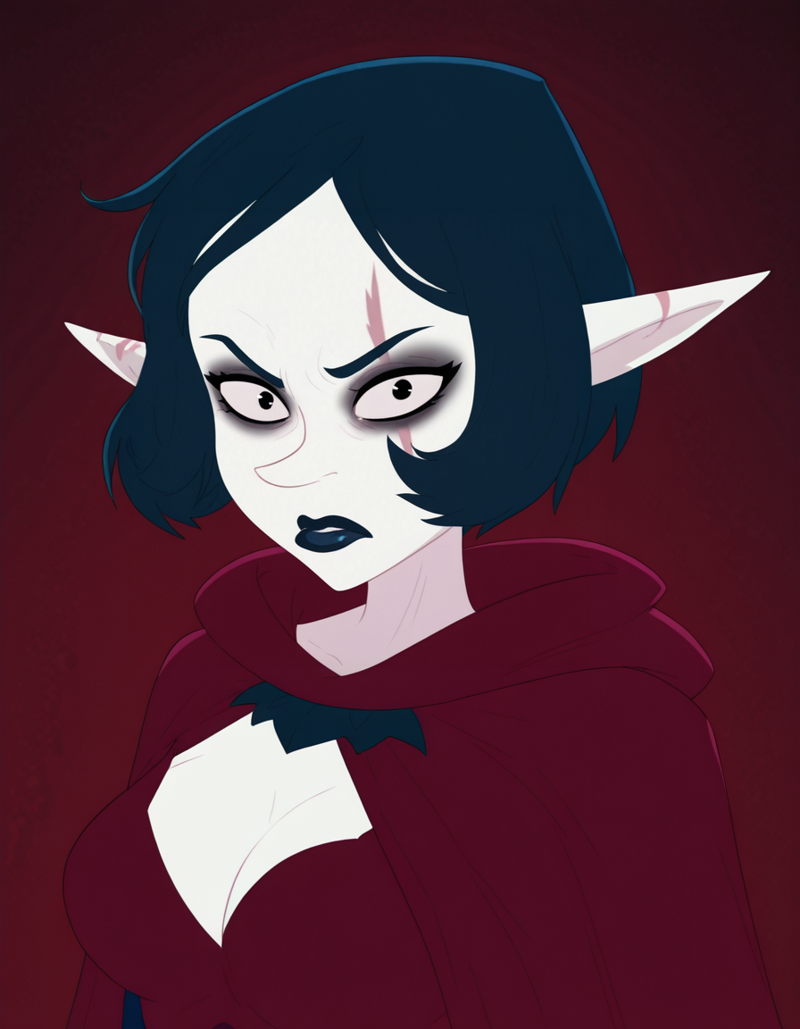 <lora:JudithDofusIllustrious1.0JLFO:1> judithdofus, 1girl, blue hair, short hair, solo, pointed ears, makeup, cape, blue lips, lipstick, black eyes, pale skin, bodysuit,  scar across eye, looking at viewer, upper body, portrait, simple background,