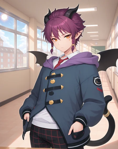 masterpiece,best quality,amazing quality, newest, very aesthetic, absurdres,
1boy, solo, yaoi, male focus, looking at viewer, cowboy shot,
<lora:Veigas_Dream_Cat_ilxl:1> veigasdreamcat, demon tail, purple hair,pointy ears, demon horns, black wings, short hair, orange eyes, demon wings, bat wings, black horns, sidelocks, cat tail,
school uniform, white shirt, collared shirt, blue jacket, red necktie, black pants, plaid pants,
indoors, school, hallway, window, day, sun,
