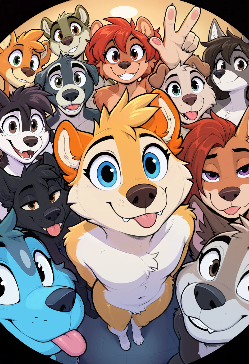 humor, silly, masterpiece, best quality, newest, absurdres, highres, very awa, foreshortening, fisheye, fisheye lens, simple background, large group, absolutely everyone, anthro, fursuit, looking at viewer, smile, blep