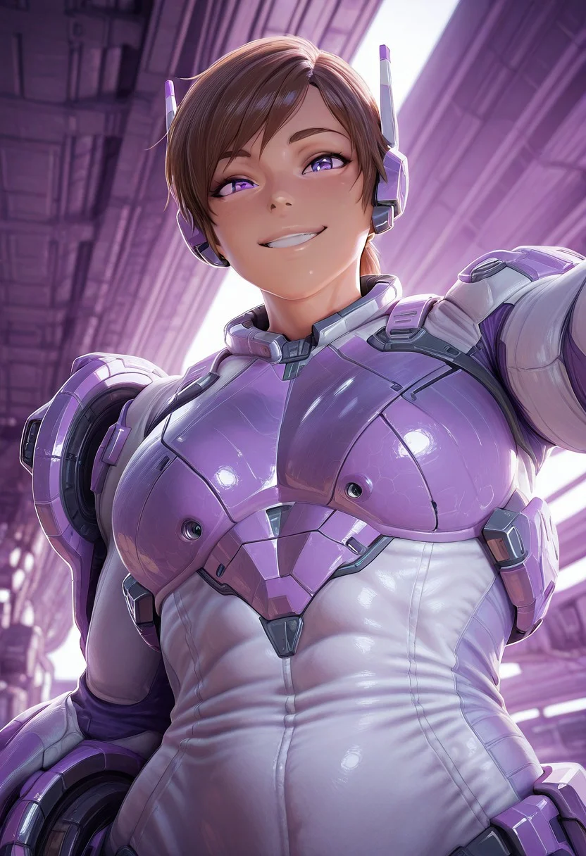 masterpiece, best quality, amazing quality, Smooth Quality, hard lighting, close up, upper body, from front,
detailed Background,
1girl, StrenuaRyder, solo, adult, muscular, wearing white jumpsuit, selfie, outdoor, sci-fi, V smiling, from below, kawaii, headgear removed, white and purple armor, details, brown hairs,