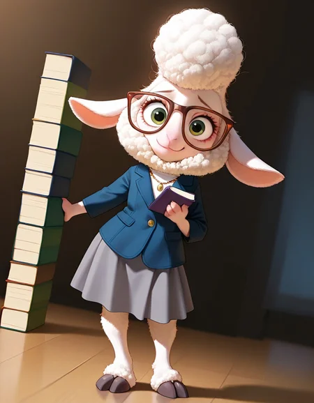 masterpiece, best quality, amazing quality, very aesthetic, high resolution, ultra-detailed, absurdres, newest, scenery, BREAK, detailed background, detailed hair, depth of field, detailed fluffy fur, photorealistic details, volumetric lighting, masterpiece, newest, absurdres, safe, , very aesthetic, absurdres,  dawnBW, anthro, furry female, sheep, animal ears, glasses, brown eyewear, green eyes, white wool, white fur, finger hooves, black hooves, grey skirt, white shirt, dark blue jacket, necklace,  standing, looking at viewer, happy, smile, dynamic pose, dynamic angle, dramatic angle, closed mouth, fullbody shot, holding stacks of books, leaning back, (contrapposto:1.3), smile, (uneven eyes:0.5), sad eyes, (head tilt:1.2), nervous, heavy books,  , <lora:18f3a372-cc22-4446-9e9e-ad5ca42404d8:1.2>