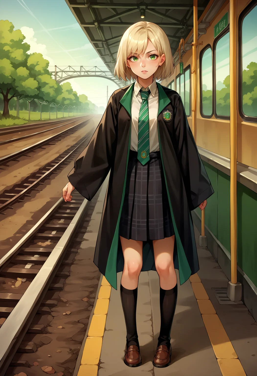 score_9, score_8_up,score_7_up, source_anime, rating_questionable, 1girl, solo, <lora:EPRobeSlytherinPDXL:1.0>, EPRobeSlytherin, wearing EPRobeSlytherin, black robe, open robe, open clothes, wide sleeves, green necktie, diagonal-striped necktie, white shirt, collared shirt, black sweater, badge, black skirt, plaid skirt, black legwear, kneehighs, standing, outdoors, train station, railroad tracks,