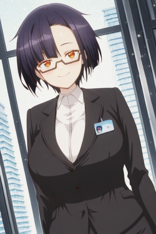 PonyScores, Expressiveh, (score_9, score_8_up, score_8, ASCII score_9), Rating 9, Rating 8, Rating 7, (Nias Carlin), source_anime, rating_safe, masterpiece, best quality, good quality, newest, outdoors background, glitter, smile, (1girl), (solo), anime coloring, cowboy shot, ((standing)), ((looking at the viewer)), close-up, (big breasts), large breasts, (upper body), (natural beauty), seductive smile, detailed backgrounds, extremely detailed CG, extremely detailed face, detailed Lora, focused subject, (ultra detail eyes), (beautiful sexy female), seductive smile, (iper detailde eyes), (ultra detail eyes), (beautiful eyes), detailed backgrounds, (detailed eyes), (perfect eyes), (Detailed pupils, intricate pupil details, defined pupils, Intricate iris details, defined iris), (large expressive eyes), (big expressive eyes), blush, ExpressiveH, <lora:Im_the_Evil_Lord_of_an_Intergalactic_Empire_-_Nias_Carlin:1>, orange eyes, purple hair, short hair, asymmetrical bangs, semi-rimless eyewear BREAK black jacket, white shirt, black pencil skirt, outdoors, indoors, light particles, cowboy shot, smile, looking at viewer, dutch angle, <lora:NiasCarlinillusApexAi:1>, nude, naked, cosplay,