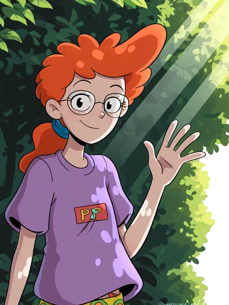 (masterpiece,best quality,newest,absurdres,highres), P3pp3r4nn, 1girl, solo, short hair, orange hair, short sleeves, glasses, t-shirt, purple shirt, outdoor, smile, upper body, raise left arm, day, outdoor, waving, looking at viewer, sunlight, shadows, natural lighting, sunlight, light particles, light rays, sunbeam, dappled sunlight <lora:Pepper_Ann_IllustriousXL:0.8>