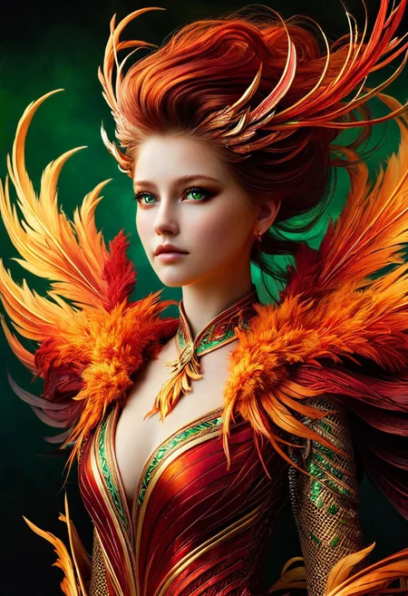 A young woman with porcelain skin and piercing green eyes, dressed in a phoenix-inspired outfit, hyper-realistic style, with intricate, fiery feathers and golden accents adorning her upper body, set against a dark, gradient background with soft, warm lighting, highlighting the subtle textures of her clothing and skin, in the style of digital painting with ultra-detailed, 4K quality.