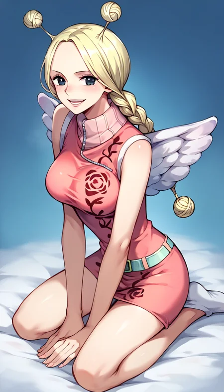 score_9, score_8_up, score_7_up, score_6_up, score_5_up, score_4_up, 1girl, conis, wings, blonde hair, antenna hair, twin braids, black eyes, pink dress, turtleneck, green belt, kneeling, <lora:Conis_v2:1>