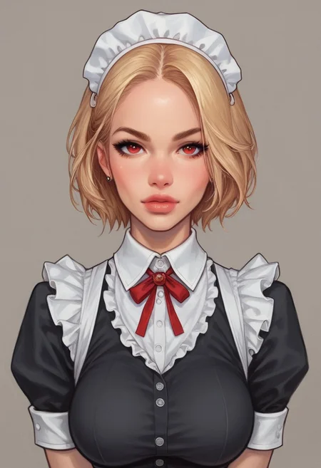 from front, (((front view))), 1girl, illustration, comic style, looking at viewer, highly detailed,
RosieTJ, 1girl, robot girl, metal body, red eyes, red buttons, wheels, white maid cap, white collar, white cuffs, white hip apron, black skirt, female
((full-clothed)),
BREAK
dynamic pose <lora:Cherry-Gig:0.55> ((((full-clothed)))),
BREAK
((rest room background))) score_9, score_8_up, score_7_up, score_6_up, source_cartoon, rating_explicit, Expressiveh, (((((upper body))))), dynamic pose