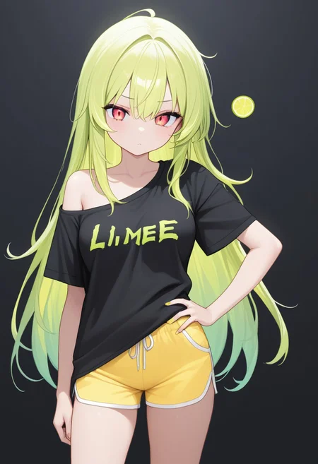 score_9, LimeChan, looking at veiwer, hand on hip, wagging finger,