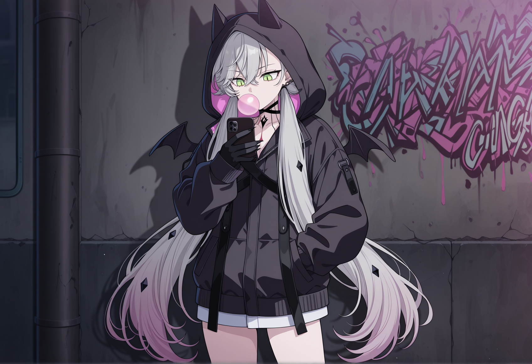 anime screenshot, anime screencap, anime coloring, 1girl, grey hair, green eyes, slit pupils, mini wings, sharp fingernails, black hands, hoodie, animal hood, body markings, ear piercieng, solo, standing, low twintails, chewing gum, holding phone, against wall, looking phone, outdoors, city, graffiti,  <lora:Lilith_illus:1>, masterpiece, best quality, amazing quality, very aesthetic, absurdres, highres, newest