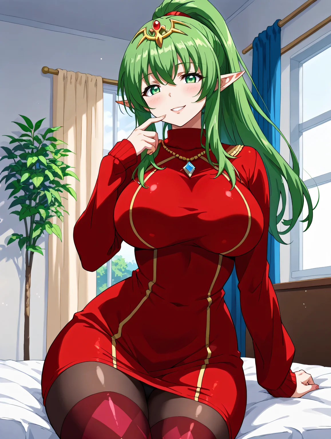 score_9, score_8_up, score_7_up, source_anime,
<lora:Mahou_Jouka_Shoujo_Utea_Hentai_Style:0.7>, UteaStyle,
BREAK
1girl, solo, <lora:tiki-adult-take3-pdxl:0.75>, mltikrnd, green hair, green eyes, long hair, pointy ears, ponytail, tiara,
BREAK
<lora:0965 Home wear 12_v1_pony:0.775>, ruanyi0965,red dress,short dress,black pantyhose,argyle legwear,turtleneck,dress lift,bottomless,long sleeves, , bedroom, window,
BREAK
(huge breasts), wide hips, thick thighs, smile, blush, looking at viewer