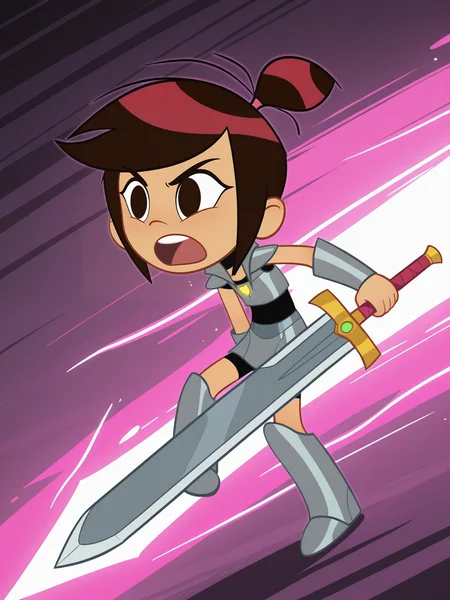 <lora:Molly_McGeeIL:0.8> 1girl, m_m, almond-shaped dark brown eyes, straight dark brown hair, small high ponytail,pink hair tie,
gigantic sword, steel armor,glowing liens, action, full body, glowing background