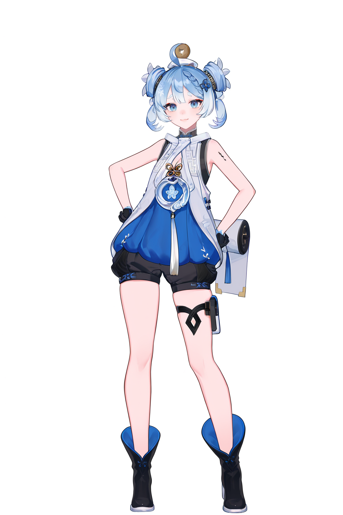8k, best quality, masterpiece, (ultra-detailed), (high detailed skin), (by nanoless, by misumi \(macaroni\):0.25), 
full body, full shot, standing, looking at viewer, (solo:1.2), simple background, white background, hand on own hip, solo, 
<lora:youhu-a3-Tanger-000014:0.8>, youhu, def-youhu clothes, 1girl, gloves, blue eyes, blue hair, black footwear, boots, hair ornament, shorts,ahoge, bare shoulders, black gloves, sleeveless, bangs, double bun, 
A full-body portrait of a young girl, standing gracefully, pastel art style, high-key lighting, shoujo manga influence, hd quality, delicate details,