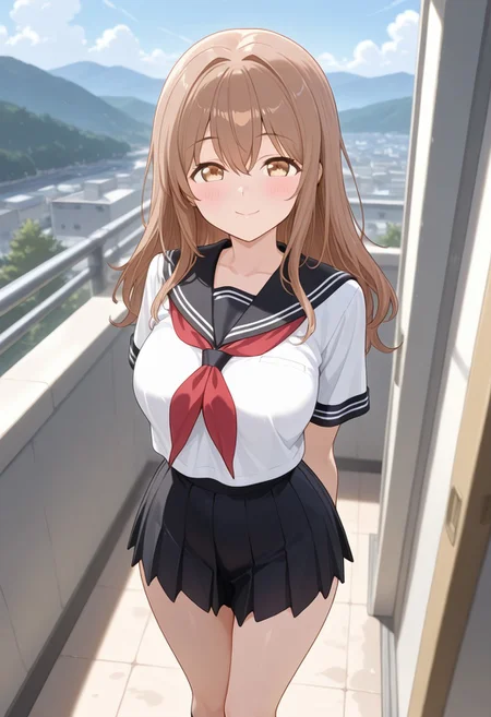 masterpiece, best quality, newest, absurdres, highres, anime,
yui takahashi,
1girl, solo, blush, smile,
white serafuku, red neckerchief, black sailor collar, short sleeves, black skirt,
scenery,
looking at viewer,