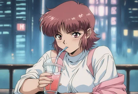 1990s \(style\), Vintage,
score_9, score_8_up, score_6, score_5, masterpiece, best quality, hd, high quality, 1girl, mizuno, def, blank expression, super wide shot, upper body, depth of field, cyberpunk city, dark city, neon, dark lighting, holding drink, drinking from straw,
