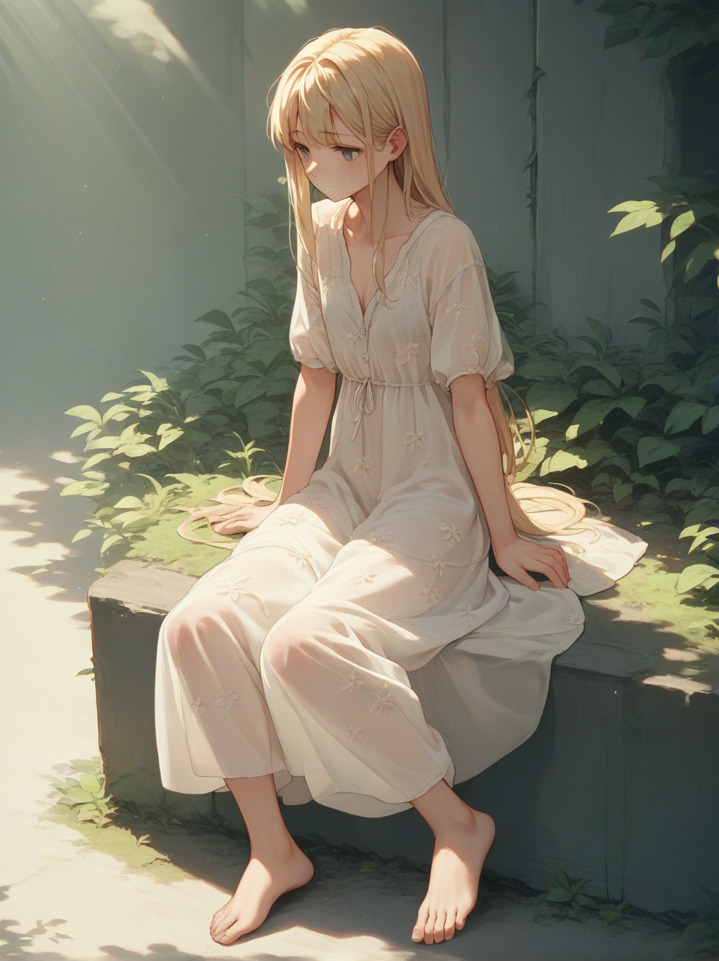 score_9, score_8_up, score_7_up, score_6_up, source_anime, <lora:linen_dress_v0.1-pony:1> 
1girl, long hair, blonde hair,  linen dress, 
sitting, dappled sunlight, barefoot, see-through,