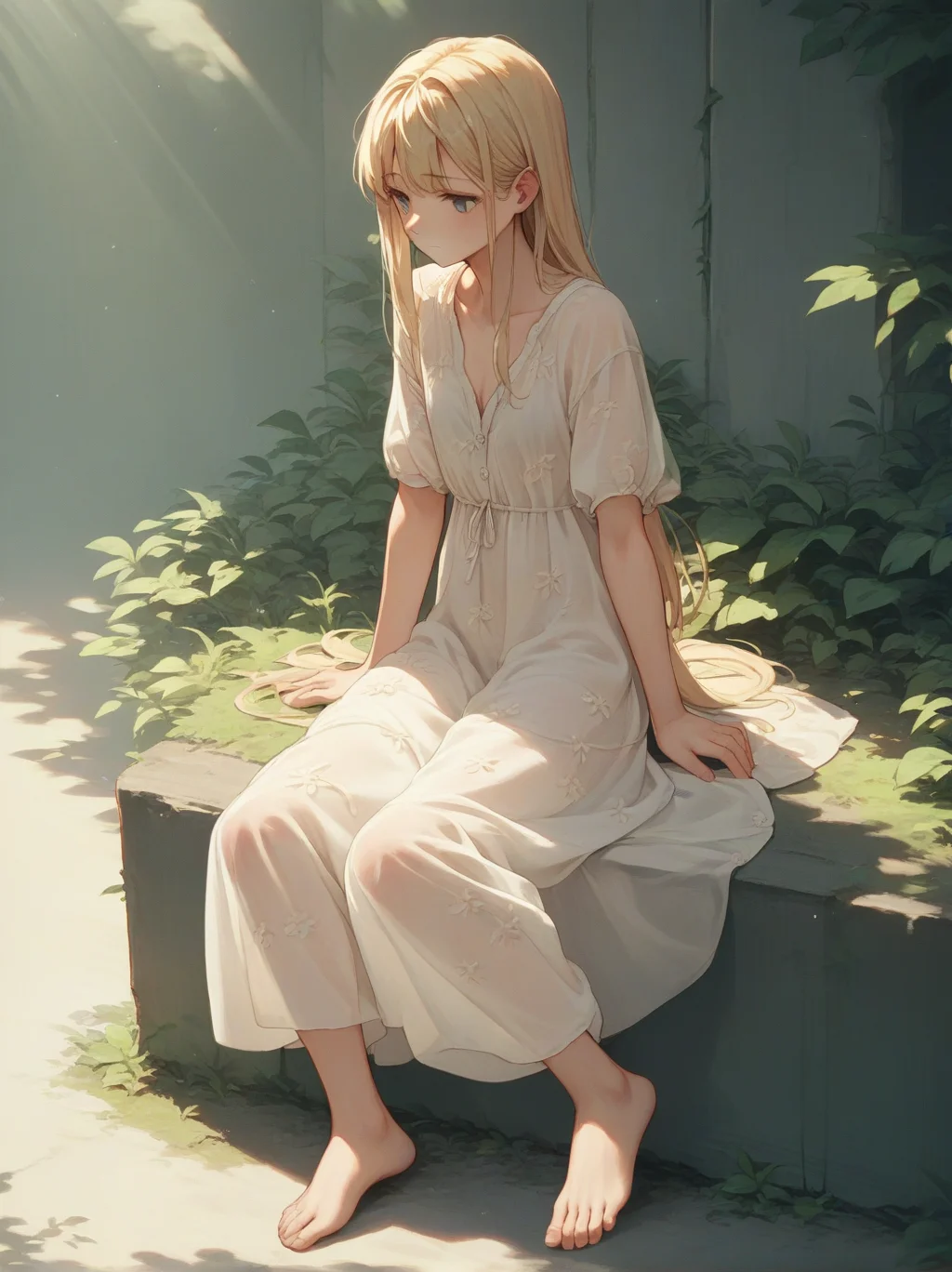 score_9, score_8_up, score_7_up, score_6_up, source_anime, <lora:linen_dress_v0.1-pony:1>
1girl, long hair, blonde hair, linen dress,
sitting, dappled sunlight, barefoot, see-through,