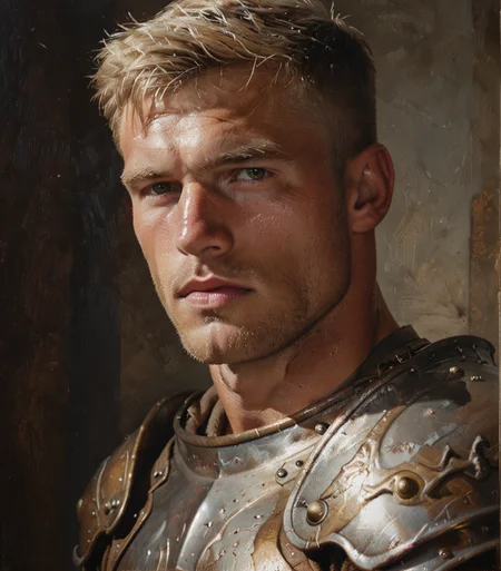 score_9, score_8_up, score_7_up, score_6_up, 1boy, male focus, solo, portrait, close up, realistic, blondhunk, tanned, chiseled, muscular, blonde hair, short hair, handsome, cleft chin, armor, <lora:Blond_hunk_Pony:0.85>