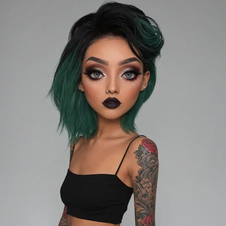 woman:NN person:NN has:VBZ striking:JJ features:NN makeup:NN styled:VBN into:IN short:NN spikes:NN wearing:VBN bold:JL eye:NN look:NN featuring:VBN darkly:AD lined:NN eyes:NN with:VP heavy:JL shadow:NN and:CC glitter:NN the:DT skin:NN is:JJ pale:NN and:CC the:DT lips:NN are:VBN painted:VBD in:IN a:DT deep:JJ matte:NN shade:NN of:NN red:NN The:DT person:NN has:VBZ tattoos:NN on:NN their:DT face:NN and:VP arm:NN,NN adding:VBN to:IN their:DT edgy:JL appearance:NN A:DT smoky:JJ grey:NN or:CC black:NN hue:NN dominates:VBD their:DT facial:NN features:NN Additionally:AD ,NN they:NP have:VBZ dark:JJ eyebrows:NN that:CP complement:VBN the:DT overall:JL look:NN They:DT are:VBN donning:VBD what:VP appears:VBD to:IN be:NN a:DT silver:NN or:CC white:NN top:NN with:NP no:sleeves:NN,NN revealing:VBN a:DT hint:JJ of:NN shoulder:NN