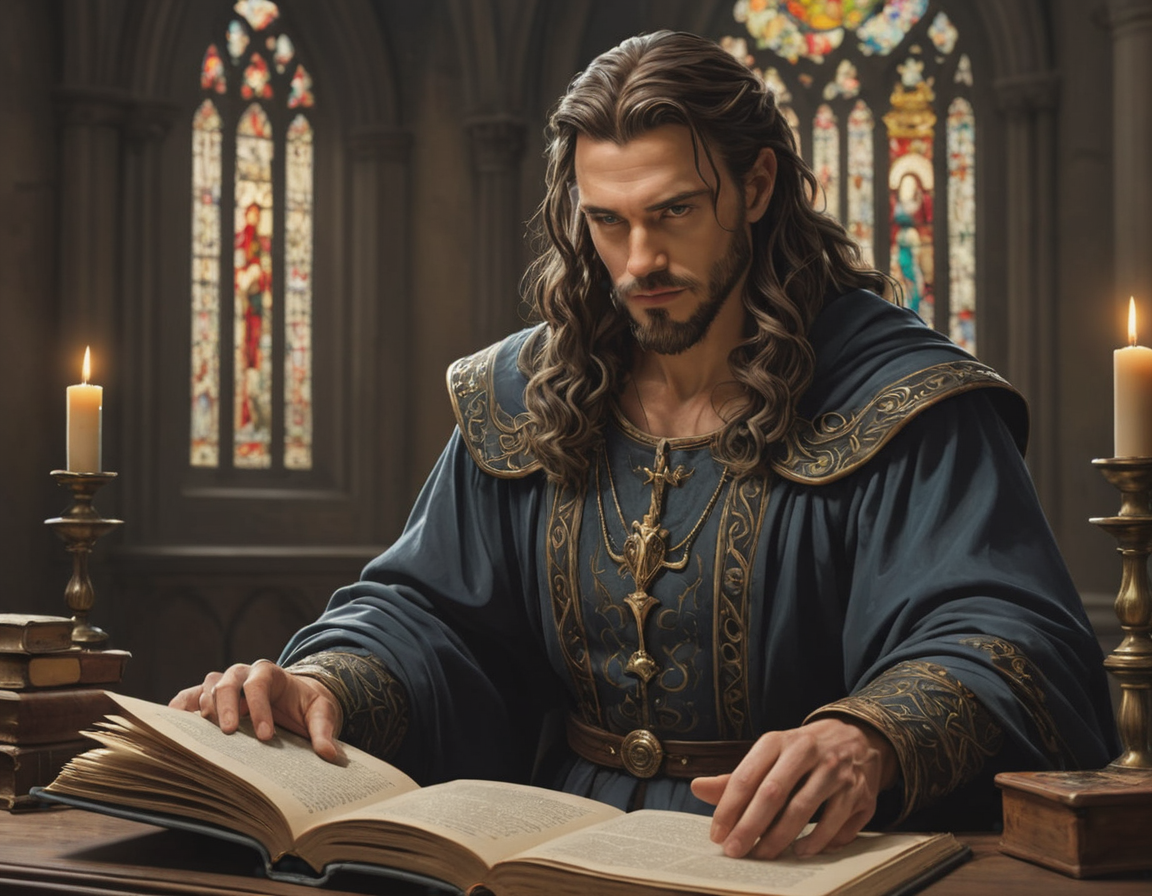 Professional dark Chiaroscuro effect  [fantasy:sci-fi:0.25] scene of a (man reading from a thick spell book casting magical energy all around swirling ) dreaming with (proud Priestess in elegant flowing gowns ) Hanna (face looking sensuous:1.4) BREAK [Tempera :photograph:0.75] classical dnd art by ([Alexei Harlamoff : Ingrid Baars: 0.90]:1.4), detailed [eyes | pupils | face | teeth ] Steadicam Shot BREAK film grain, natural skin, [hyper realistic | detailed | intricate | best quality | hyper detailed | ultra realistic | HQ |8K | UHD | 16K | ornate | masterpiece art] , (photo realistic:1.4), sharp focus, bokeh, depth of field, rule of thirds, at expansive Gothic cathedrals midnight <lora:Perfect Hands v2:1.4> BREAK ((epic high quality detailed illustration of hero's journey story of hero confronting villain during climatic showdown :1.5)),