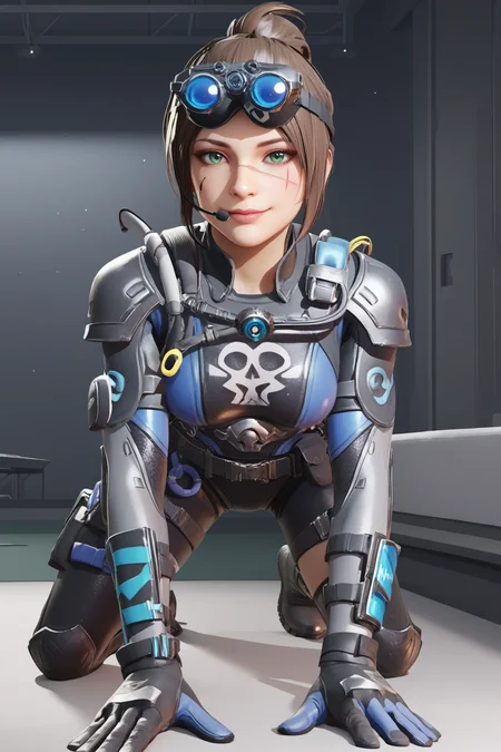 score_9, score_8_up, score_7_up, score_6_up, BREAK, AliasDeepDCODXL, scar on cheek, green eyes, brown hair, short hair, single hair bun, headset, googles on head, medium breasts, black armor, shoulder pads, blue bodysuit, black bodysuit, multicolored bodysuit, skull print, blue gloves, black belt, black shorts, black thighhighs, black boots, solo, all fours, seductive smile, looking at viewer, indoors <lora:AliasDeepDCODXL:0.9>