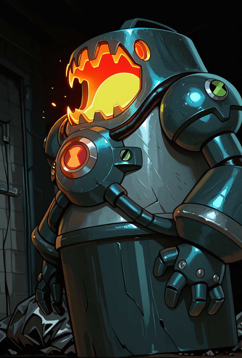 <lora:nrg-06:1> nrg, solo, robot, no humans, armor, red eyes, 3 eyes, open mouth, glowing mouth insides, wide mouth, trash can mouth,, masterpiece, best quality, amazing quality, very aesthetic, absurdres, newest,