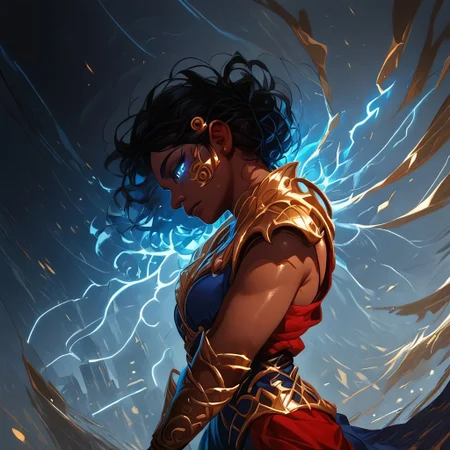 ExpresHGothicNeonIncase, high quality, high resolution, highest quality, masterpiece, score_9, score_8_up, score_7_up, 1girl, solo_focus, <lora:Saheeli_Rai_MTG_-_PONYXL:1>, dark skin, black hair, brown eyes, blue dress, red dress, jewelry, gold bracers, Blue eyes, glowing eyes, (cowboy shot: 1.2), (side view: 1.2), future cityscape background, facing left, looking into the distance, body turning, arms extended, swirling wind, swirling metal, swirling lightning