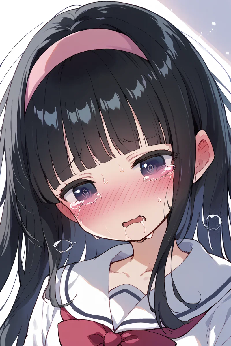 score_9, score_8_up, score_7_up, score_6_up,
<lora:Kihyahya:1> kihyahya, 1girl, solo, black hair, pink hairband, tears, blush, tomoeda elementary school uniform, hairband, school uniform, bangs, blunt bangs, long hair