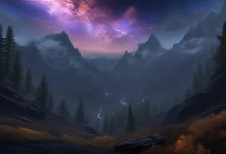 Beautiful outdoor, nature, no humans, mountains, dark twilight, milkyway galaxy, nebula, astrophotography, forest, masterpiece, sharp focus, photorealistic rendering, extremely detailed description, <lora:zavy-mthcl-sdxl:0.5> <lora:Detailed_notrigger:1> <lora:Wildcard-Detail_Enhancer:1>, zavy-mthcl, skyrimlandscapes,