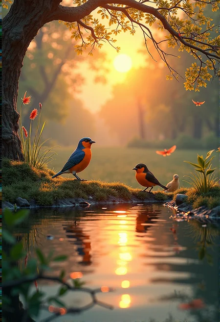 <lora:models\Flux\Hand v2:0.6>,, Intricately textured A group of colorful birds chirp and sing in the background as a small pond reflects the vibrant hues of the sunset. A small bird perches on a nearby branch, watching the scene with a curious expression. The water is still, and the leaves on the trees rustle in the gentle breeze. The scene is peaceful and serene, with a few rays of sunlight filtering through the leaves.