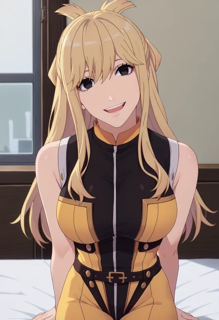 score_9, score_8_up, score_7_up, source_anime,
BREAK
<lora:shiTingNeckV3:1>, shineck, head tilt,
open mouth, smile, looking at viewer, teeth,
<lora:shizugiriV1:1> shigiridef, long hair, blonde hair, black eyes, empty eyes, sidelocks, large breasts, bare shoulders, yellow bodysuit, belt, sleeveless,
indoors, bed,