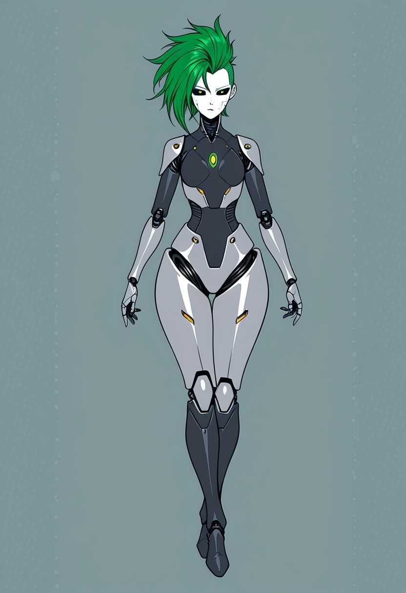 robot girl, android woman, gray metallic skin, green hair, hair covers on one side of the head, no hair on sides of the head, black sclera, green iris, cybernetic lines across the face and body, asymmetrical hair, panel lines, short hair, mohawk, flowing hair, sharp angles, dynamic pose, wide hips, covered ears, flat sides of the head, intricate details, ultra sharp, exquisite detail, flawless composition, vivid colors, masterpiece, semi realistic, 
m1n1mal-p0st3rs, flat color, silhouette,