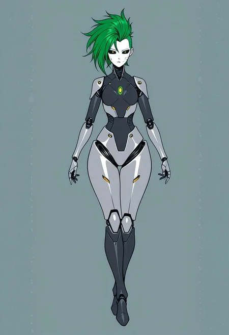 robot girl, android woman, gray metallic skin, green hair, hair covers on one side of the head, no hair on sides of the head, black sclera, green iris, cybernetic lines across the face and body, asymmetrical hair, panel lines, short hair, mohawk, flowing hair, sharp angles, dynamic pose, wide hips, covered ears, flat sides of the head, intricate details, ultra sharp, exquisite detail, flawless composition, vivid colors, masterpiece, semi realistic,
m1n1mal-p0st3rs, flat color, silhouette,