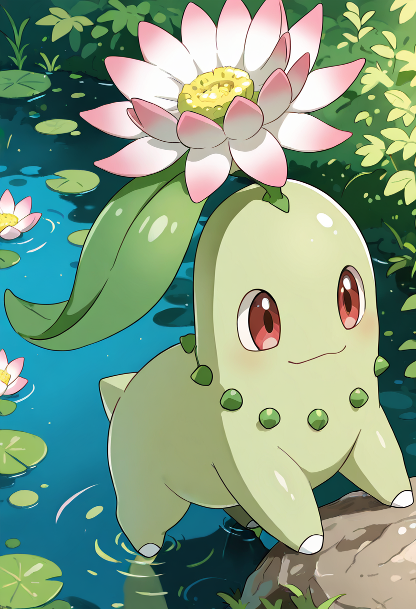 masterpiece, best quality, no humans, solo,    zzChikorita, perched at the edge of a pond, sending tiny ripples with its toe as it gazes at its reflection beside blooming lotus flowers.   ,<lora:ChikoritaPokedex_IXL:1.0>,