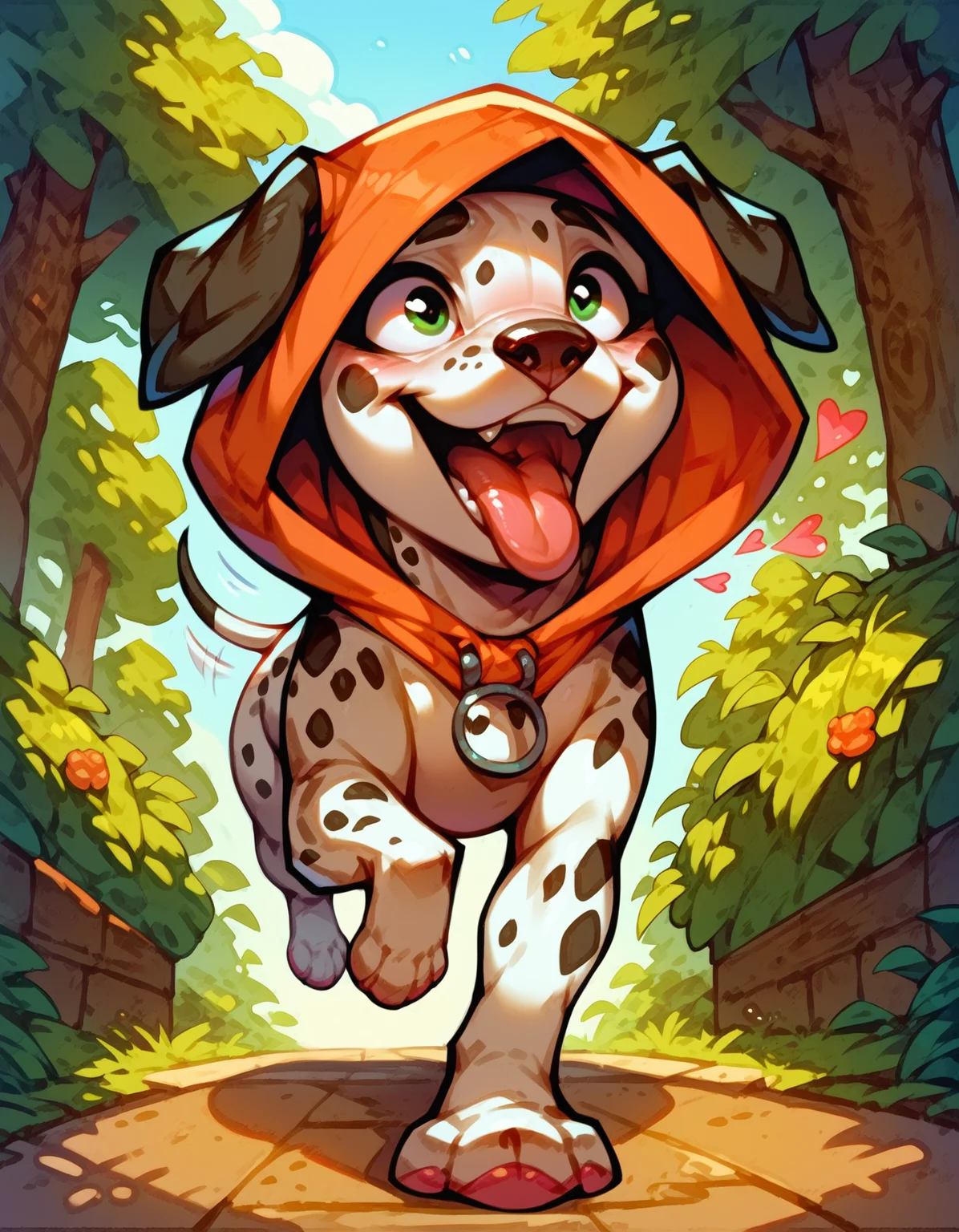 score_9, score_8_up, score_7_up,
outside, dog_park, 1dog, dalmatian, spots, wearing hood, frog_hood, excited, tongue out, tail wagging, motion lines, hearts in air, cat running away, solo,
perspective,
<lora:SR1:0.7> <lora:DetailedEyes_V3:1> <lora:Pony_DetailV2.0:1> <lora:Fant5yP0ny:0.65>
