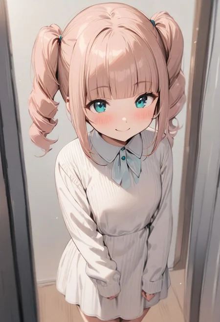 masterpiece, best quality, 1girl, solo, twin drills, twintails, blunt bangs, soft peach hair, aqua eyes, smile, long sleeves, white dress, standing, no desks
