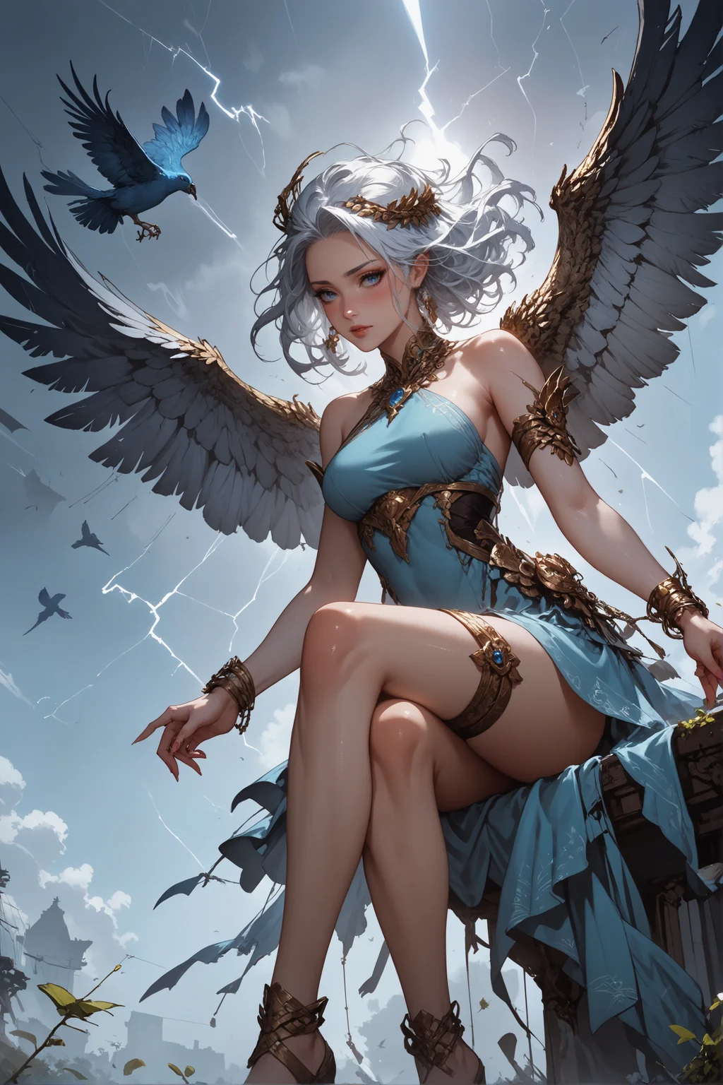 score_9, score_8_up, score_7_up, 1 girl, monster girl, bird girl, feathered wings, lightning aura, sitting on a flying ship, air, gold jewelry, thigh strap, shiny skin, blush, beautiful face, blue eyes, white hair, floating hair, gentle breeze, white skin, crossed legs, blue sexy sheer dress, dutch angle, bottomless, pink fingernails, moonlight, stormlight, green leaves, flying leaves, lightning, wind, swirling wind currents, lightning bird, <lora:Expressive_H-000001:0.8>, expressiveH <lora:Fant5yP0ny:0.9> <lora:Pony_DetailV1.0:0.9> <lora:Concept Art DarkSide Style LoRA_Pony XL v6:0.8> concept art,