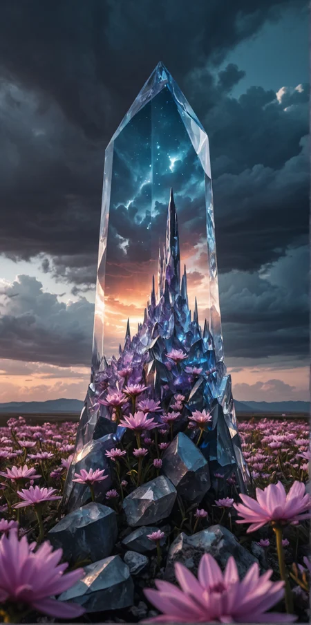(8k landscape photography:1.2)
an massive shiny crystal glass tower in an ethereal alien landscape surrounded by glowing flowers crystals, a sapphire sky with dark clouds looming above