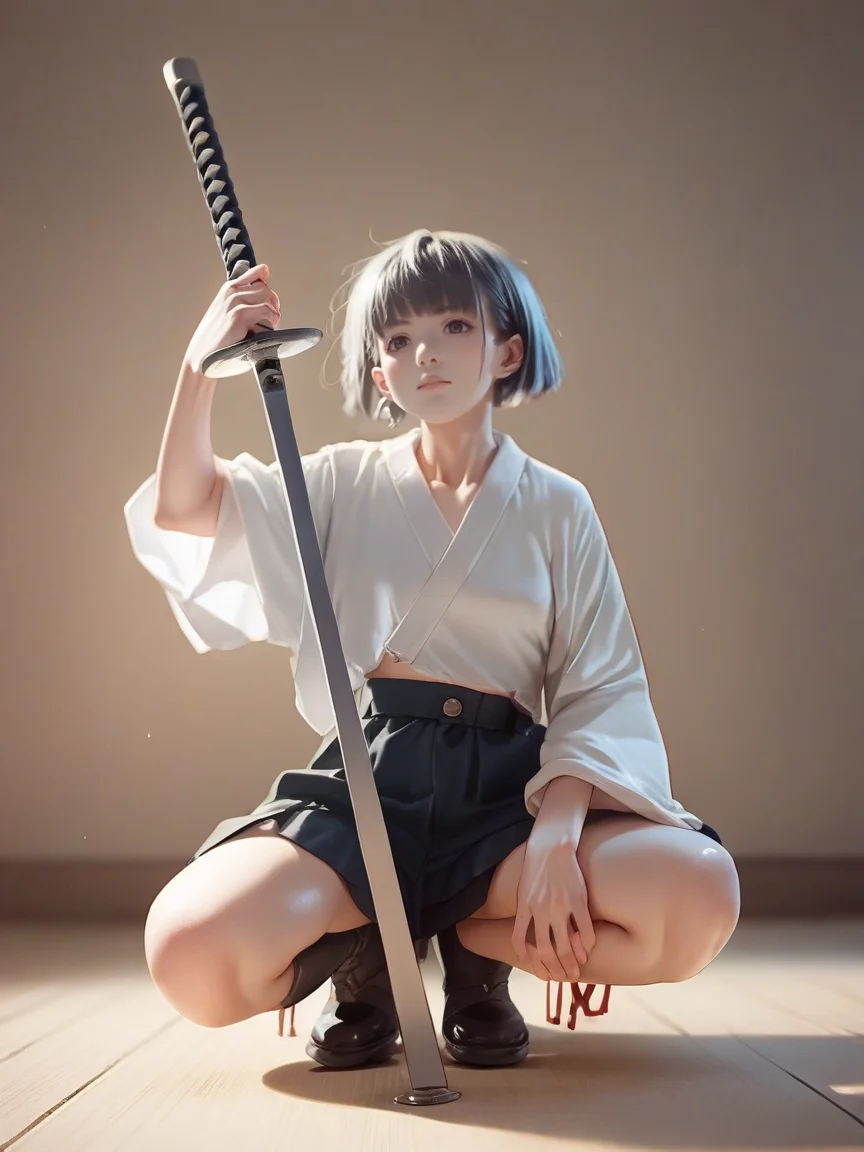score_9, score_8_up, score_7_up, score_6_up, score_5_up, <lora:n1nj4squatXLP:1> n1nj4 squat, solo, 1girl, source_anime, holding sword,