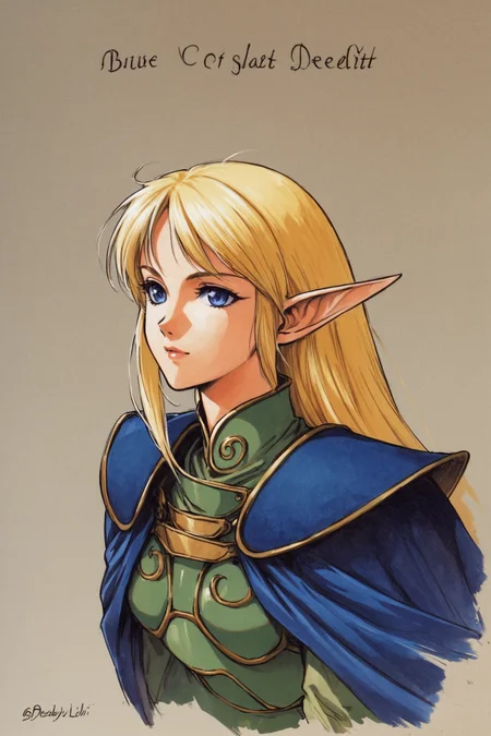 Deedlit,1girl,solo,pointy ears,long hair,blue eyes,blue cape,green armor,blonde hair,elf,standing,simple background,traditional media,marker_(medium),character name,upper body,<lora:Yutaka Izubuchi_XL:0.8>,