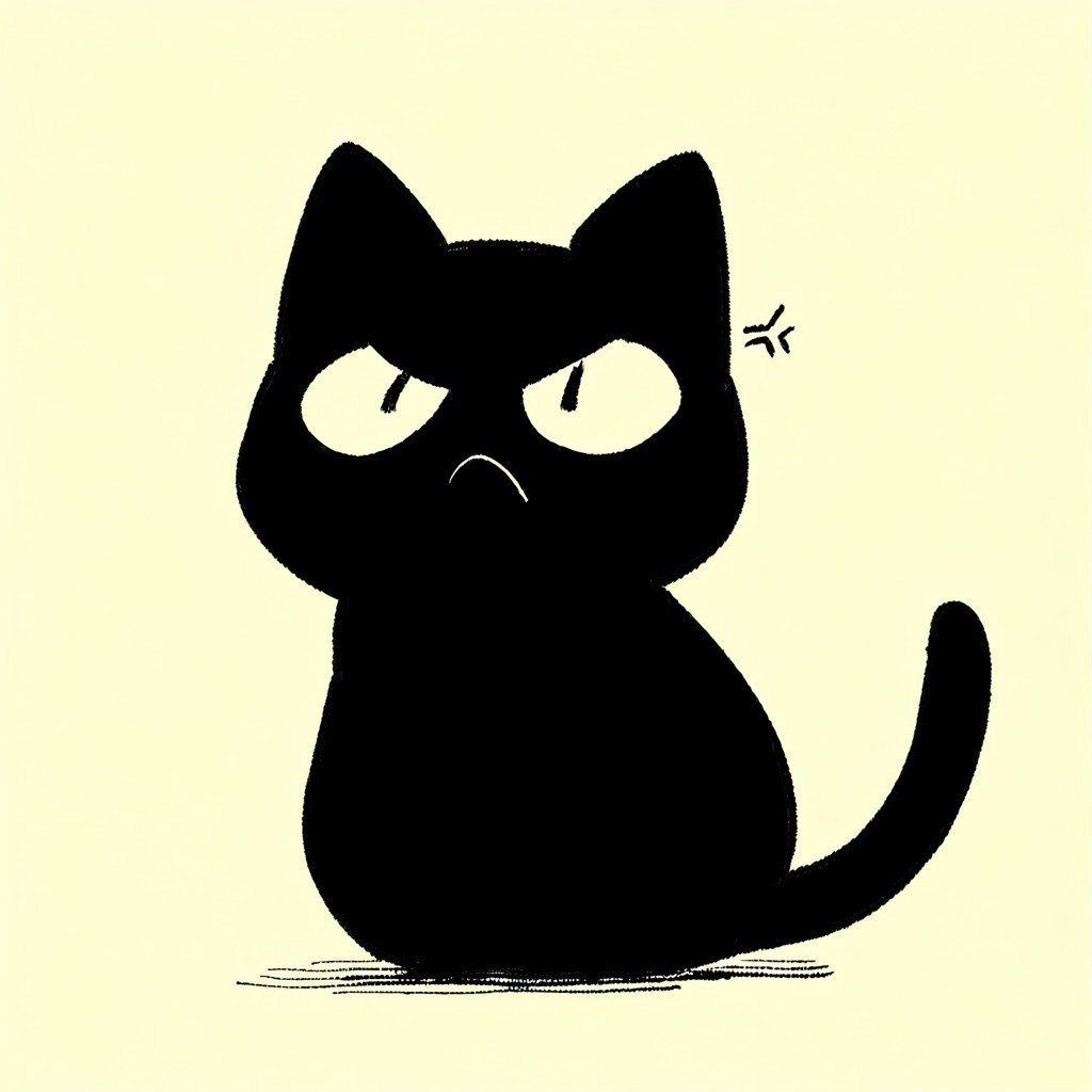 masterpiece, best quality, simple illustration, 1cat, full body, black cat, mad, frown, angry, standing, with a coffue mug on the hand