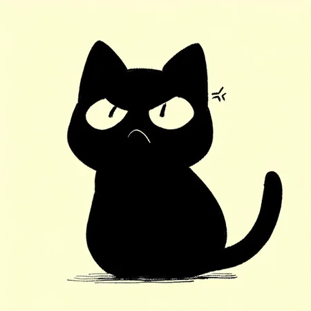 masterpiece, best quality, simple illustration, 1cat, full body, black cat, mad, frown, angry, standing, with a coffue mug on the hand