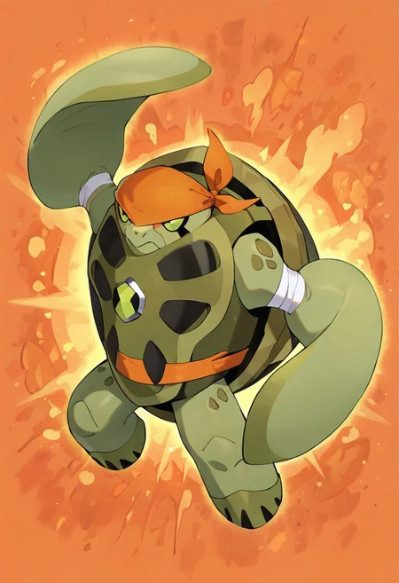 masterpiece, best quality, amazing quality, very aesthetic, absurdres, newest,, detailed background, 
terraspin, pokemon (creature), solo, no humans, closed mouth, green eyes, green skin, shell, turtle, small head
orange bandanna, orange eye mask, orange belt, bandaged arms, orange background, dynamic pose, holding nunchucks,