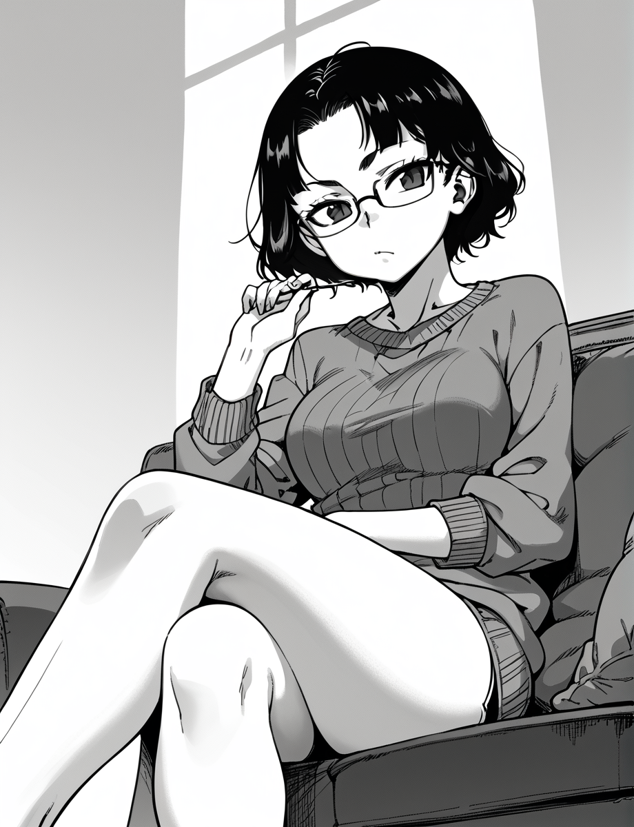 score_9, score_8_up, score_7_up, score_6_up, monochrome, ((sakianal)),  <lora:takatsu_duty:1>, short black hair, sweater, glasses, crossed legs