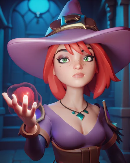 score_9, score_8_up, score_7_up, score_6_up, 1girl, nwizardess, looking at viewer freckles, witch, magic , dungeon <lora:Nahelbeuk Wizardess-000035:1>