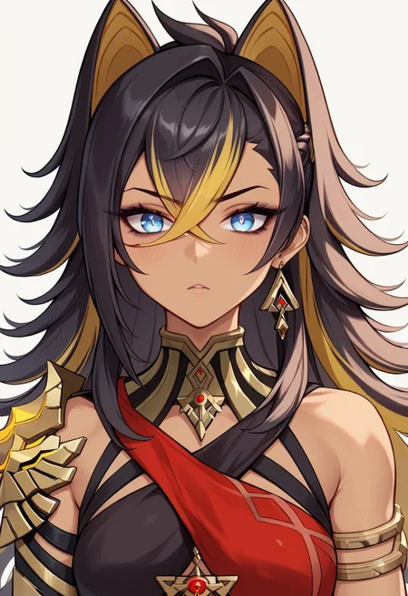 score_9, score_8_up, score_7_up, score_6_up BREAK
closeup, portrait, dehya-dh, 1girl, animal ears, black hair, blonde hair, blue eyes, criss-cross halter, crossed bangs, dark-skinned female, hair between eyes, jewelry, long hair, multicolored hair, streaked hair <lora:Dehya_Genshin_Impact:0.8>