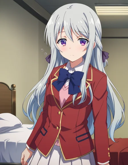 score_9, score_8_up, score_7_up, source_anime,
hiyorishiina, <lora:hiyori-shiina-s2s3-ponyxl-lora-nochekaiser:1>,
hiyori shiina, long hair, bangs, purple eyes, hair ribbon, grey hair,
skirt, shirt, long sleeves, bow, ribbon, school uniform, jacket, pleated skirt, bowtie, blue bow, blazer, white skirt, red jacket,
indoors, bed, bed room, on side, blush, drunk,
looking at viewer, dutch angle, cowboy shot,