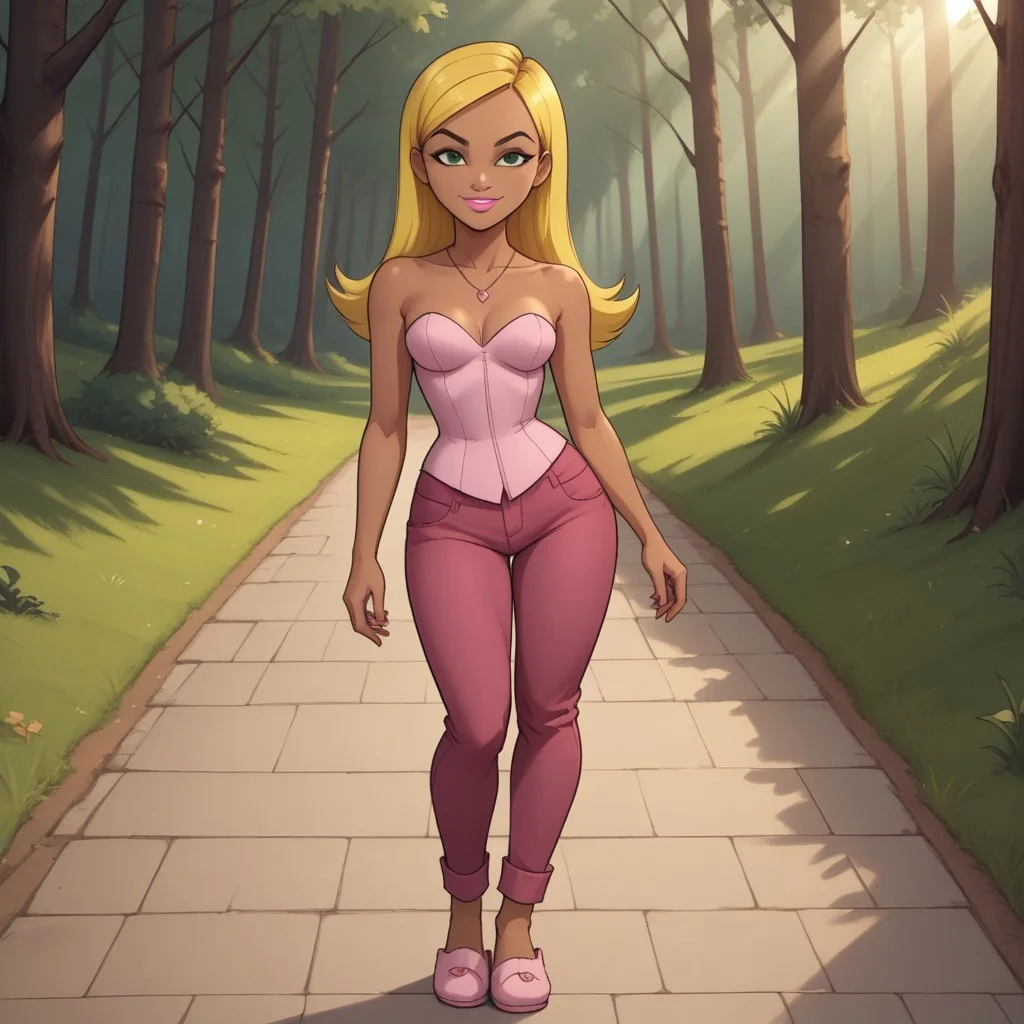 score_9, score_8, BREAK, solo, total drama, 1girl, blonde hair, long hair, dark skin, dark skin female, light pink corset, necklace, green eyes, pointy nose, lips, pink lips, pink jeans, light pink slippers, black eyebrows, lipstick, Dakota_(\Total_Drama\), tdroti, cute, attractive, gorgeous, sexy pose, smile, outdoors, sunlight, shadows, evening lighting, natural lighting, forest, trees, grass, orange sky, sunset