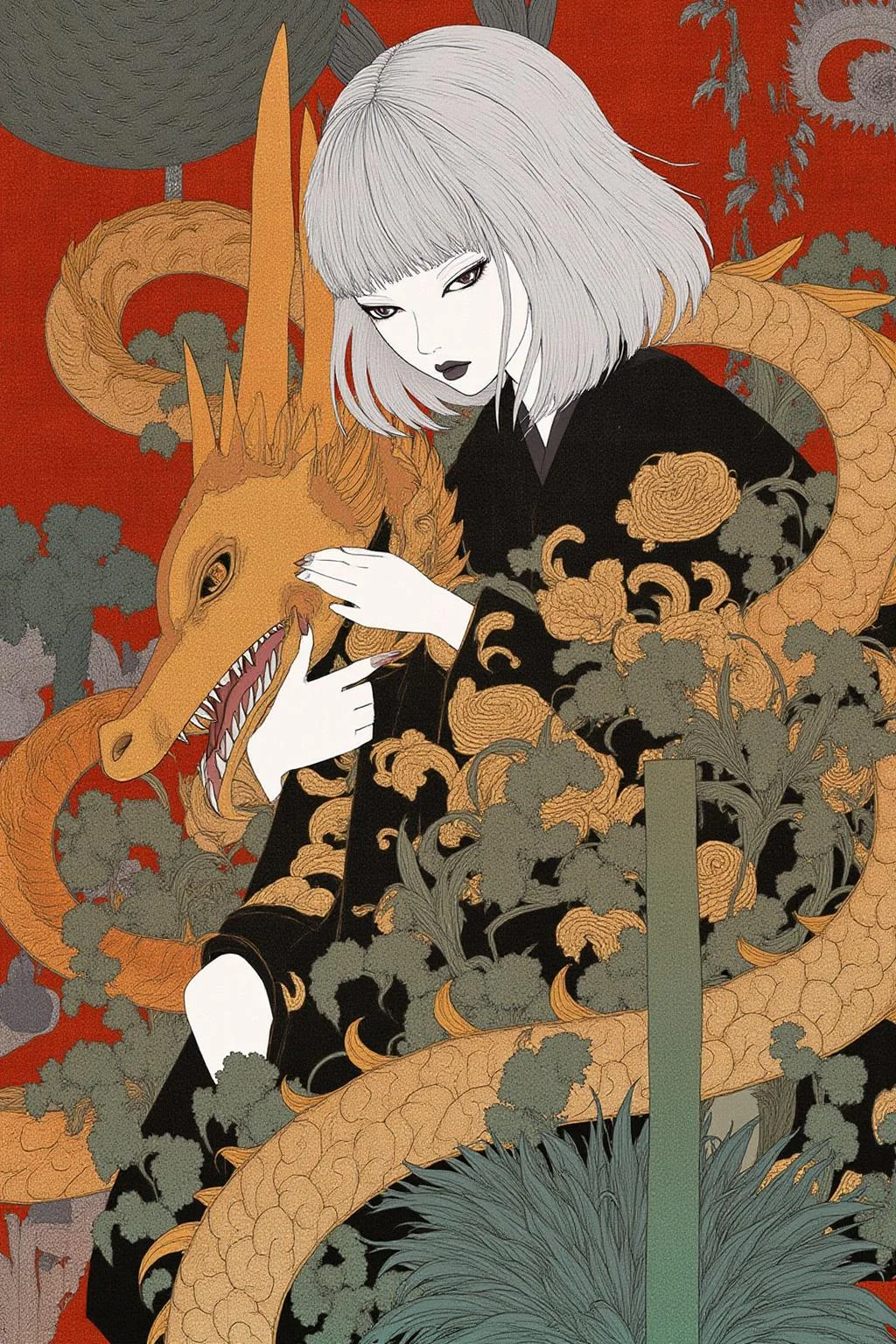 kchiba1 illustration.
A woman embracing a dragon. She has shoulder-length, straight hair with bangs that frame her face. <lora:kchiba1_cap_d6a3:1.0><lora:837656366899408098:0>